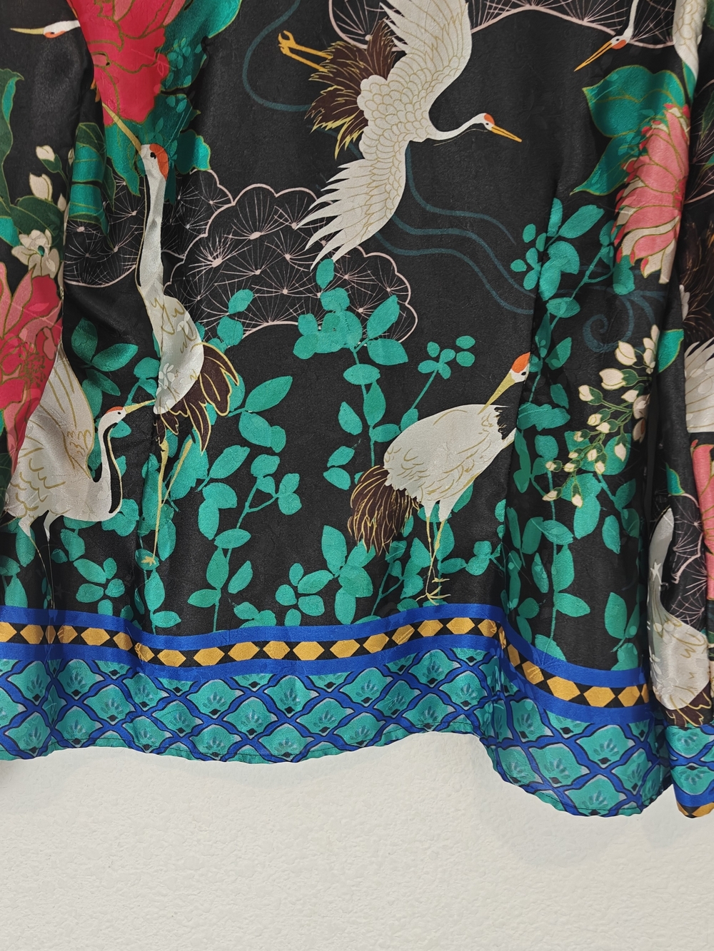 Zara Oriental Crane Satin Blouse Floral Bird Print Black Pink Green Size M - Picture 14 of 16